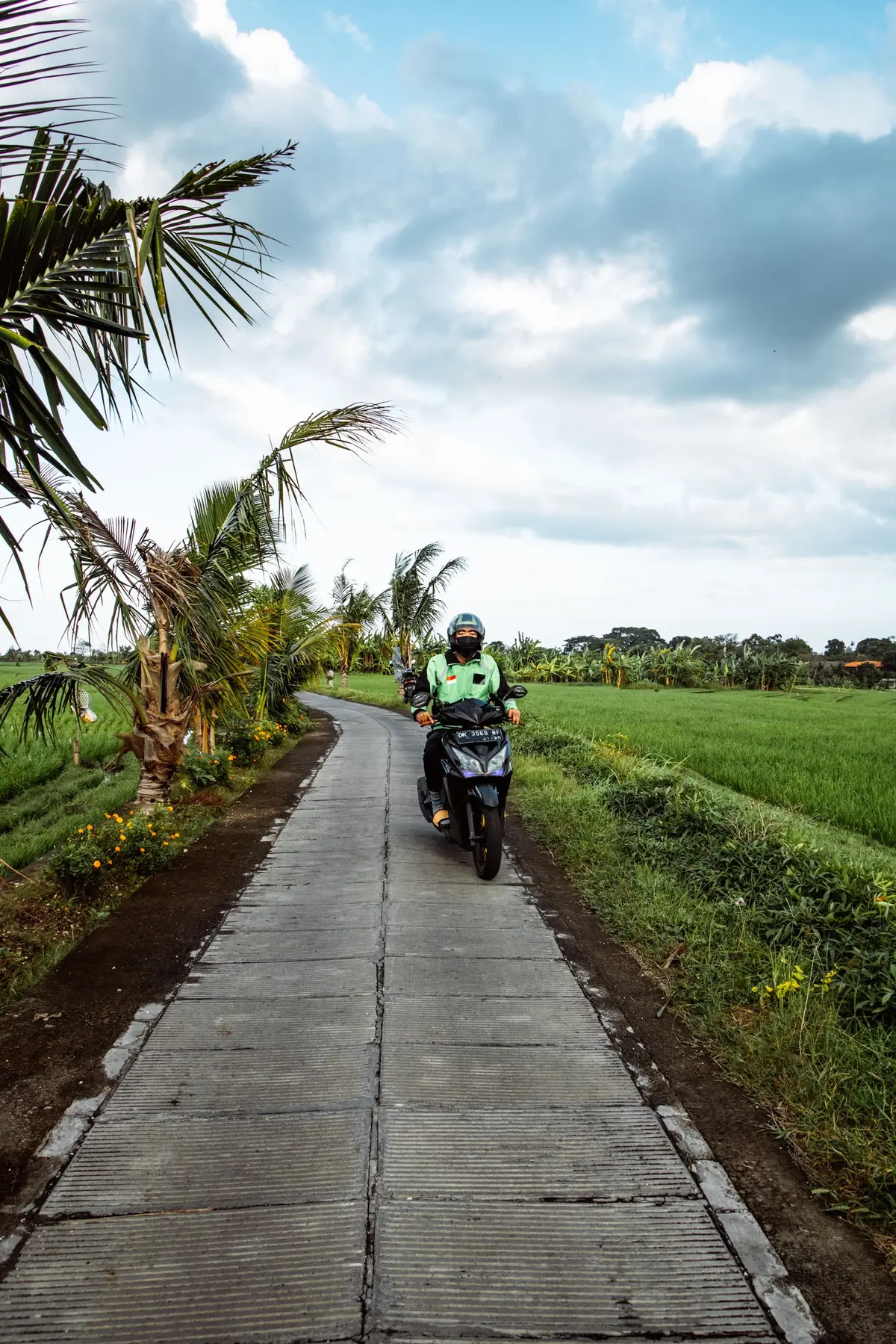 Rider travelling through a tropical landscape